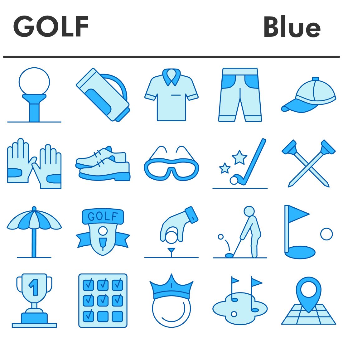 Golf icons set, blue style preview image.