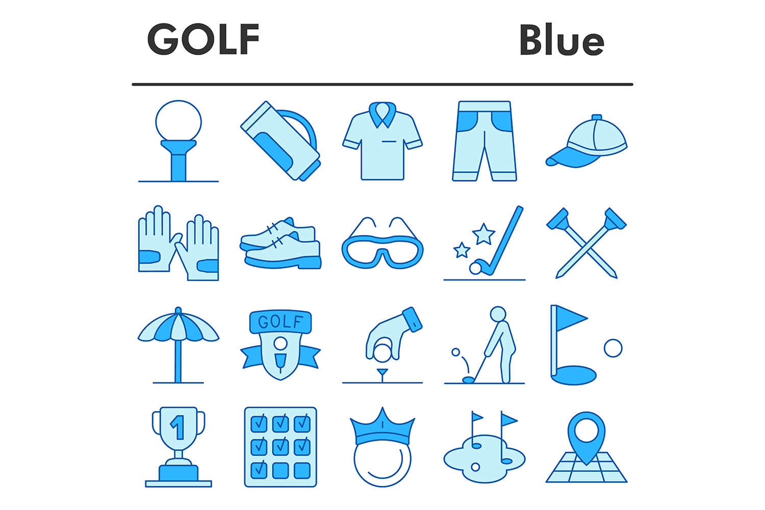 Golf icons set, blue style pinterest preview image.