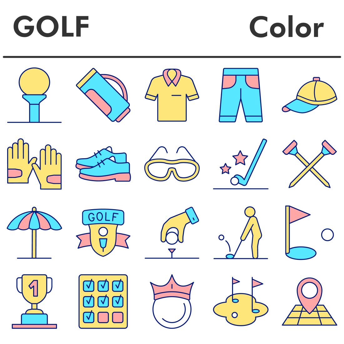 Golf icons set, color style preview image.