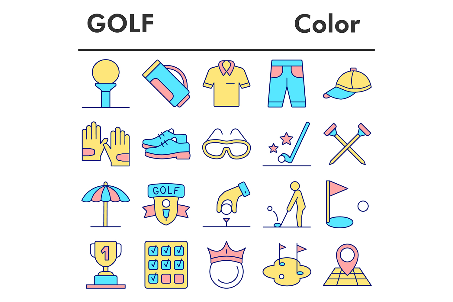 Golf icons set, color style pinterest preview image.