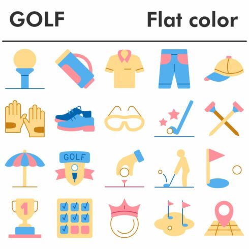 Golf icons set, flat color style cover image.