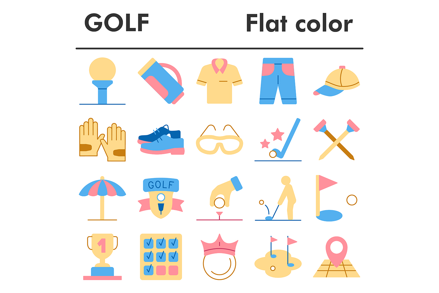 Golf icons set, flat color style pinterest preview image.