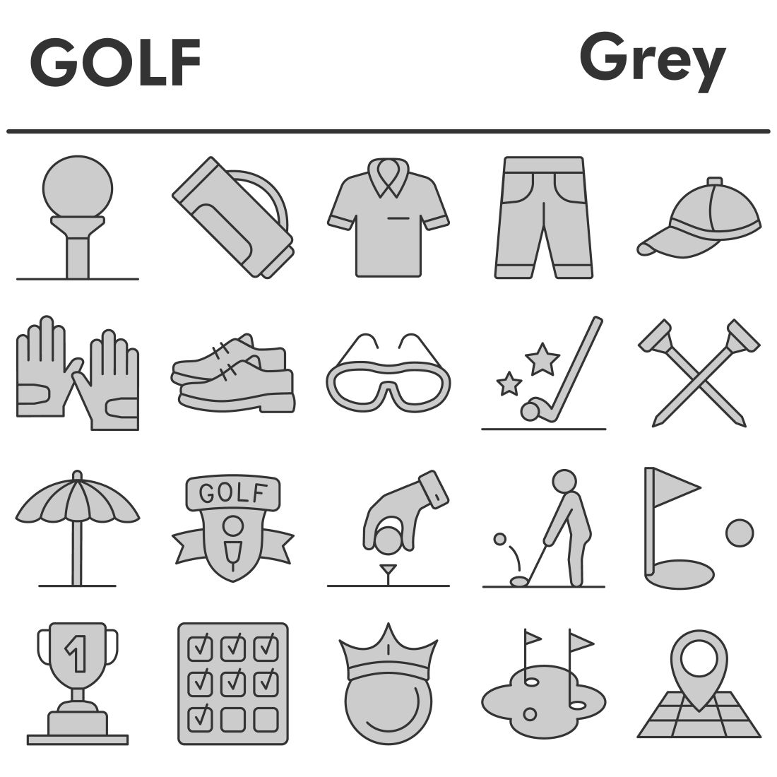 Golf icons set, gray style preview image.