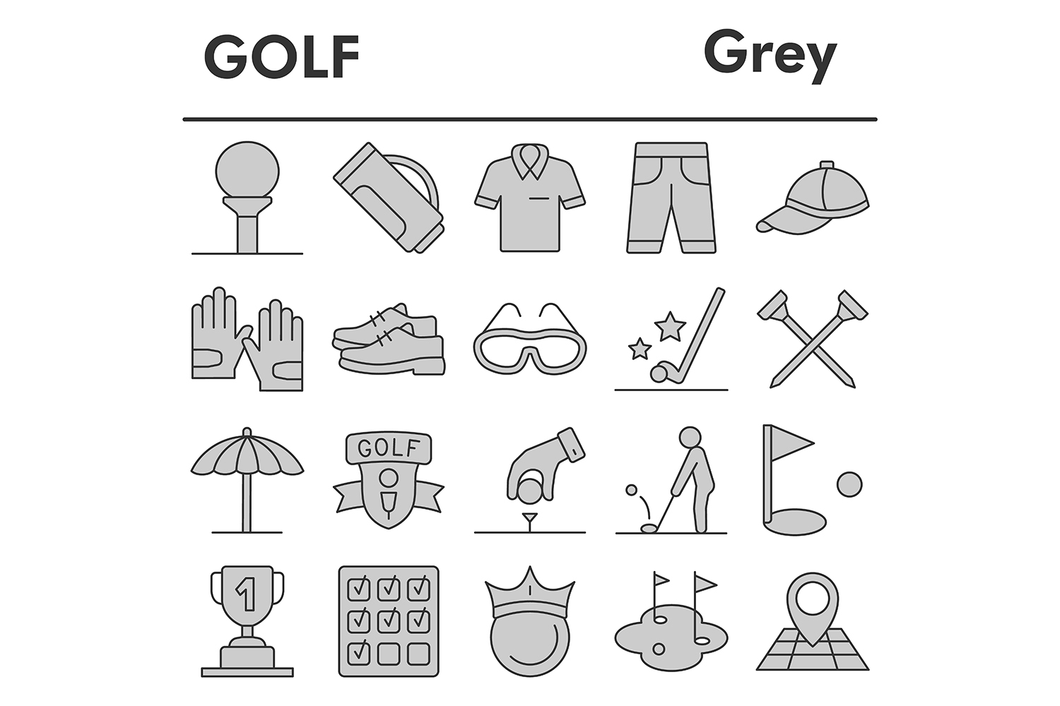 Golf icons set, gray style pinterest preview image.