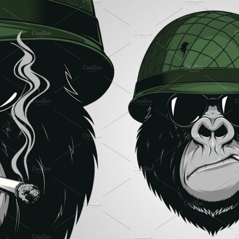 Gorilla in a soldiers helmet cover image.