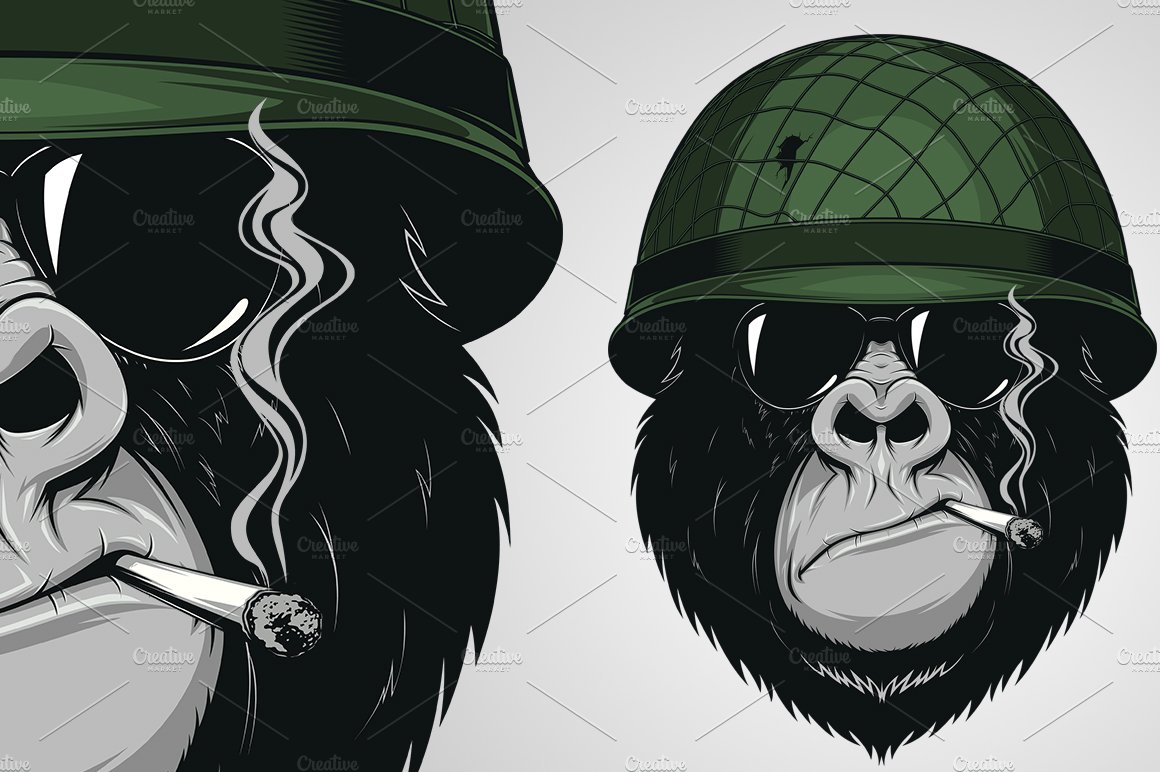 Gorilla in a soldiers helmet cover image.