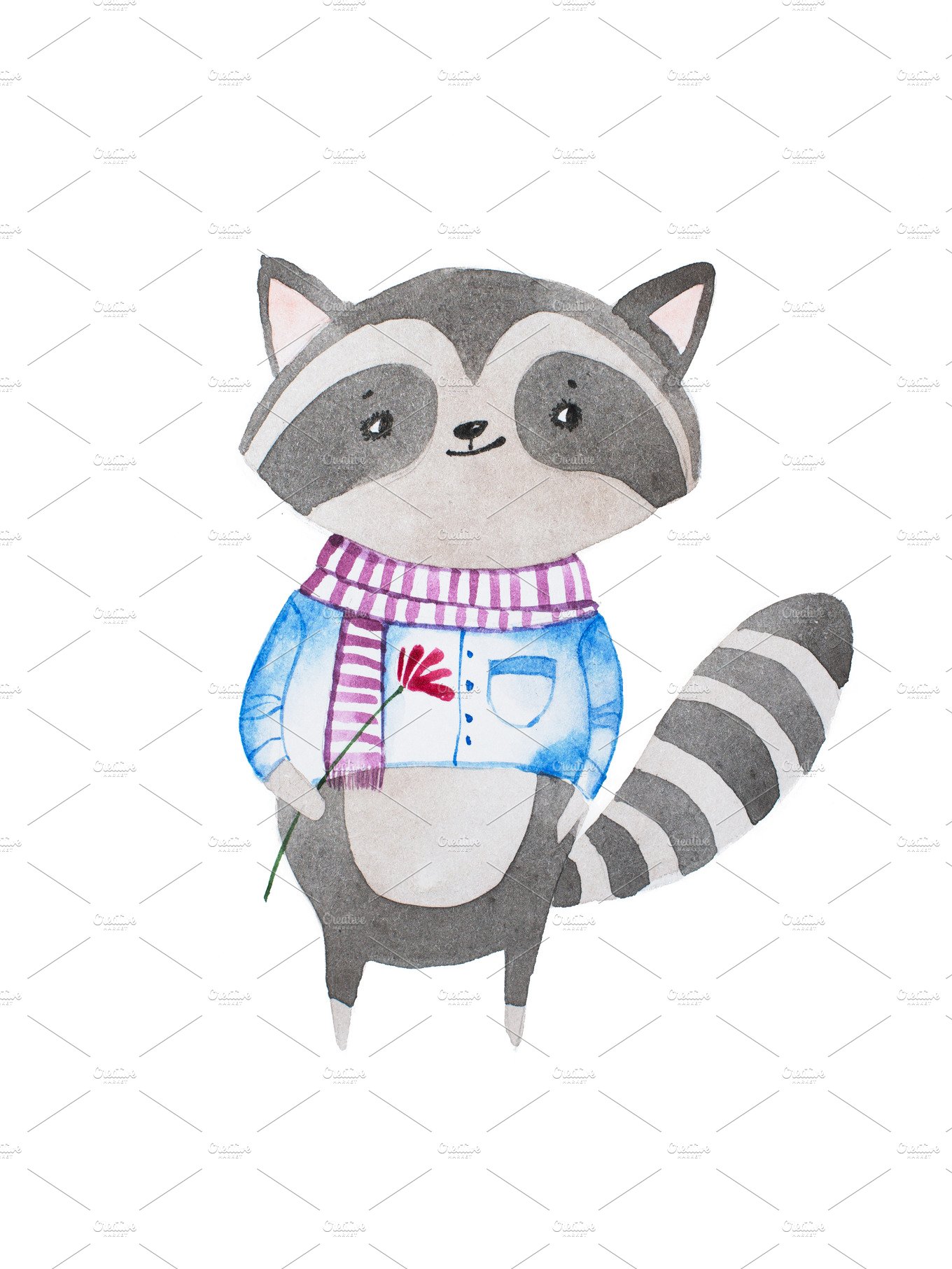 Hand drawn cartoon character. Shy cute little baby raccoon wearing scarf an... cover image.