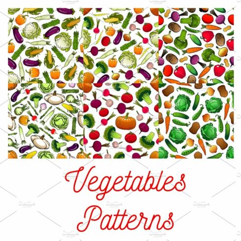 Vegetables vegetarian seamless patterns set cover image.