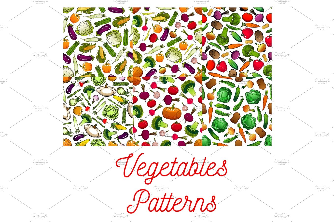 Vegetables vegetarian seamless patterns set cover image.