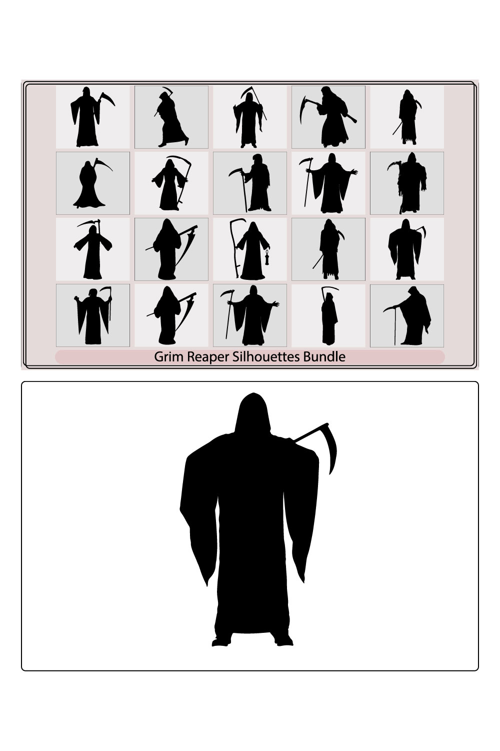 Grim reaper isolated on white background flat illustration vector,Grim reaper with scythe standing in doorway,Halloween theme - Grim Reaper pinterest preview image.