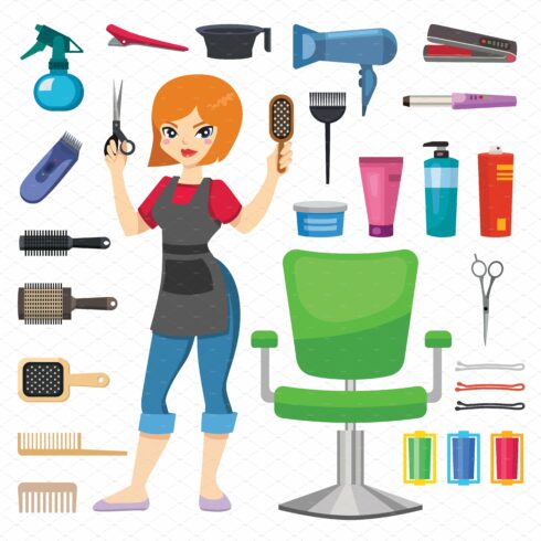 Hairdresser barber girl vector tools cover image.