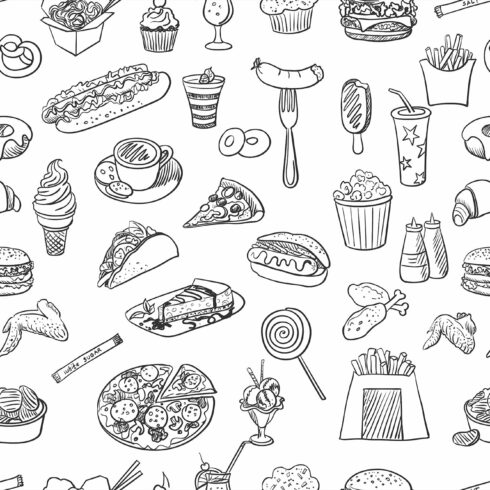 Hand drawn fast food pattern cover image.