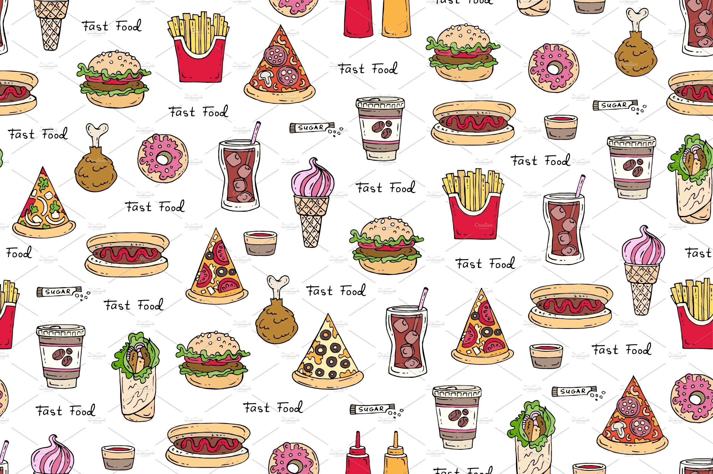 Hand drawn pattern with fast food cover image.