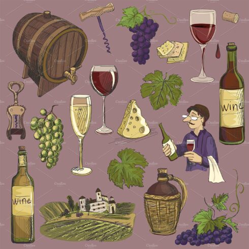 Hand drawn vector set - wine cover image.