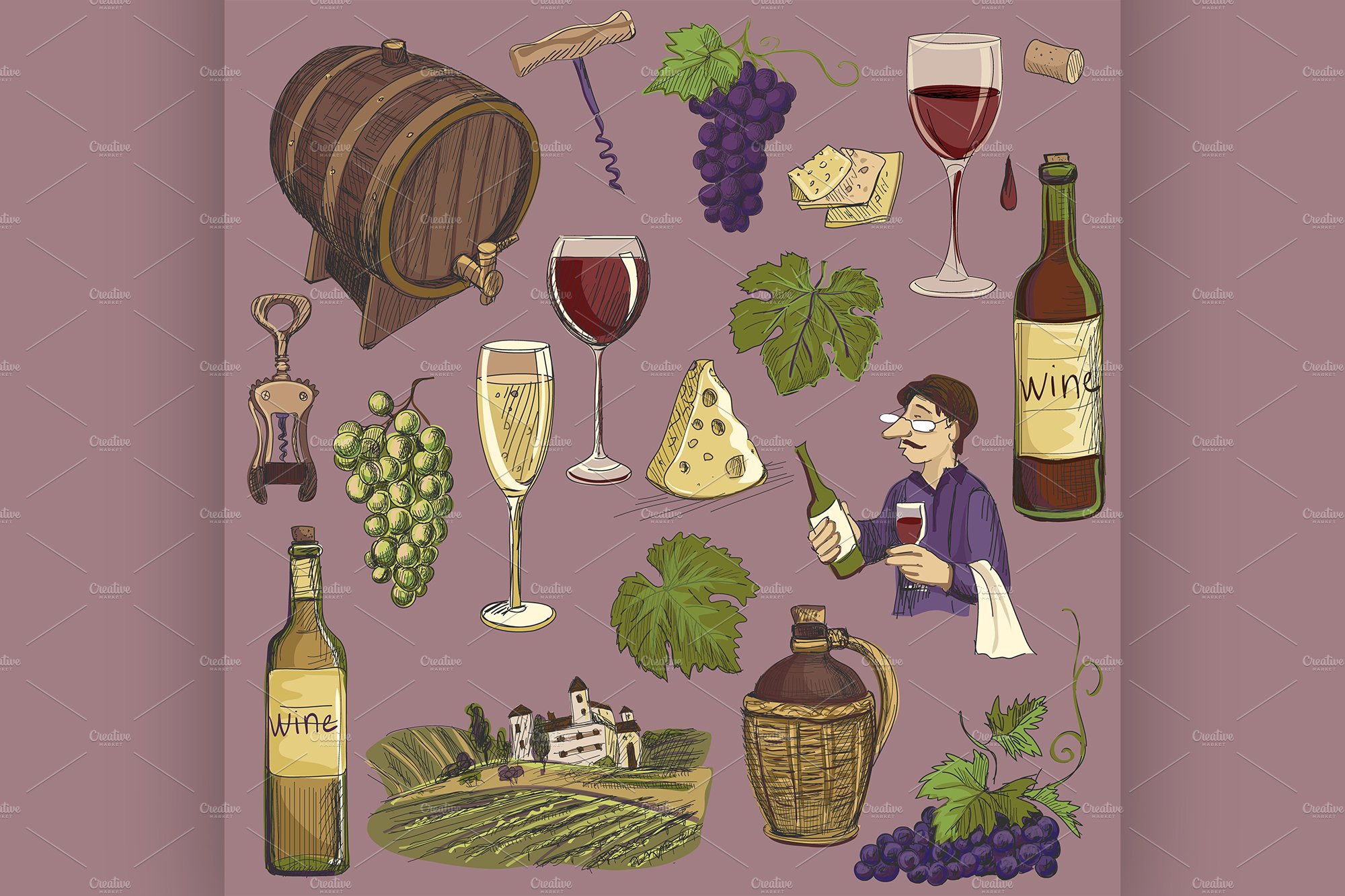 Hand drawn vector set - wine cover image.