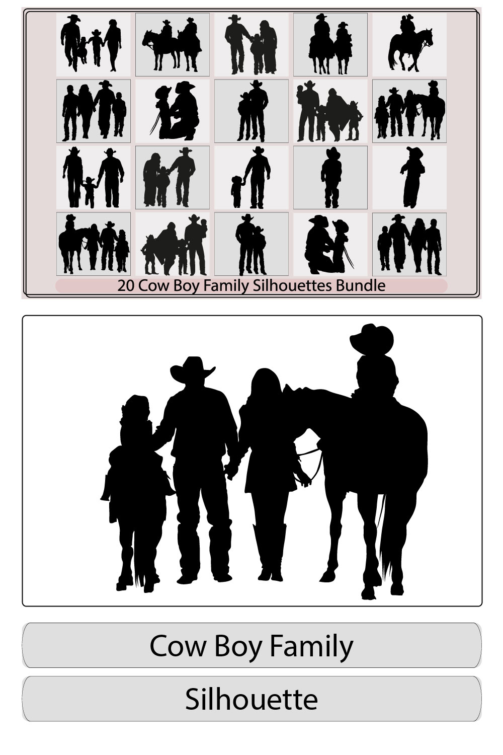 boy and girl wearing cowboy hats riding running horses with their father - ranch kids black and white vector silhouette design set,silhouette of cowboy dad holding boy,silhouette cowboy and girl riding a horse pinterest preview image.