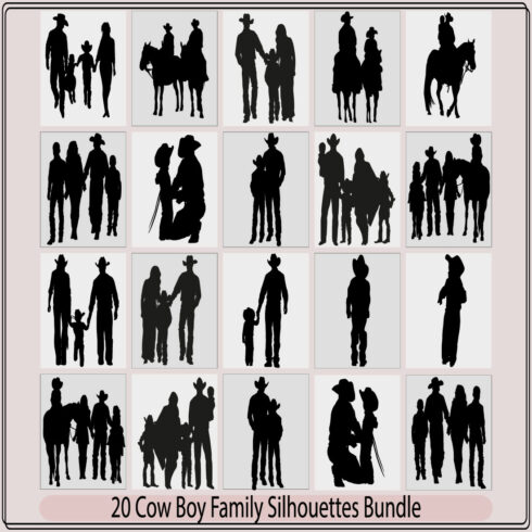 boy and girl wearing cowboy hats riding running horses with their father - ranch kids black and white vector silhouette design set,silhouette of cowboy dad holding boy,silhouette cowboy and girl riding a horse cover image.
