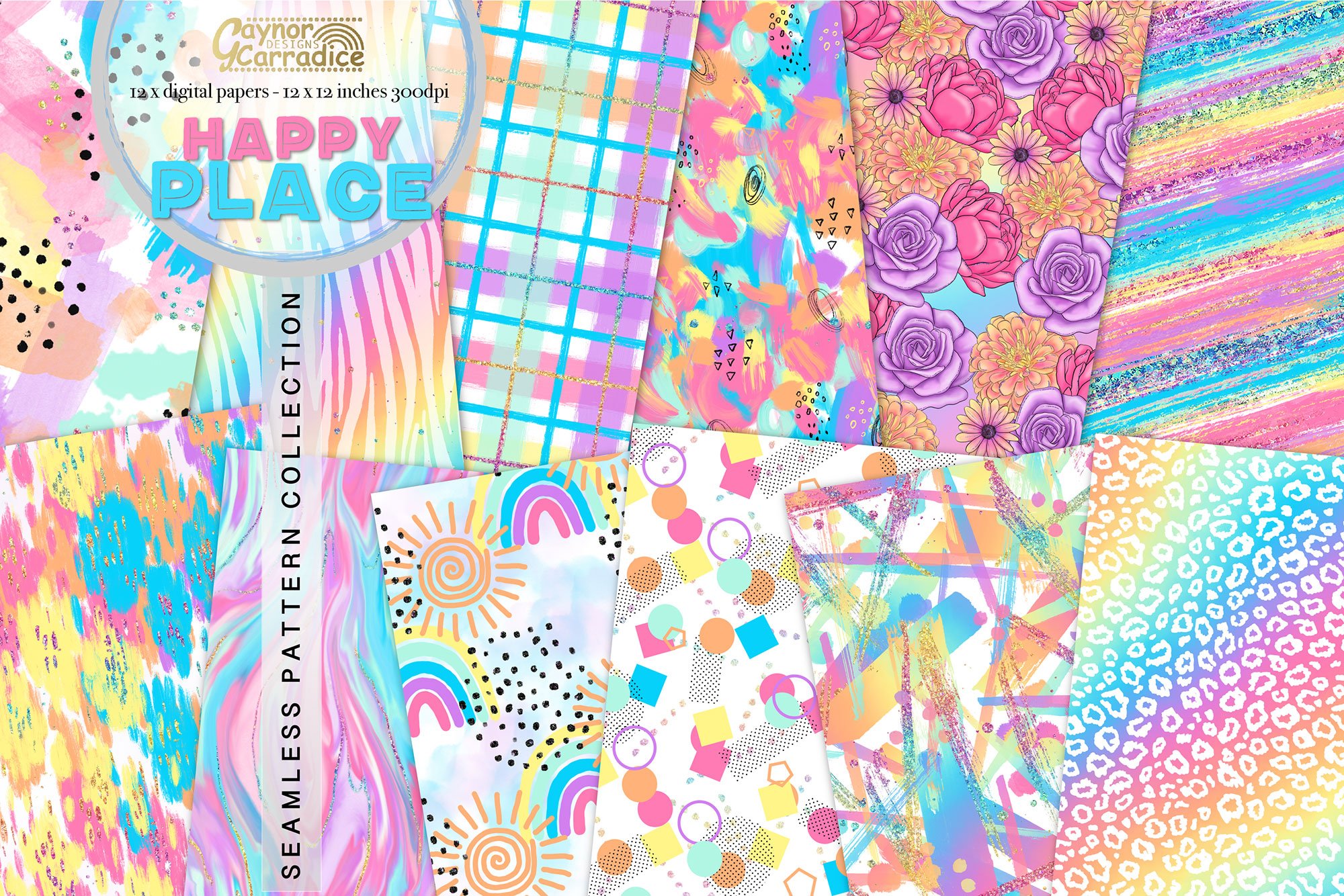 Happy place rainbow seamless pattern cover image.