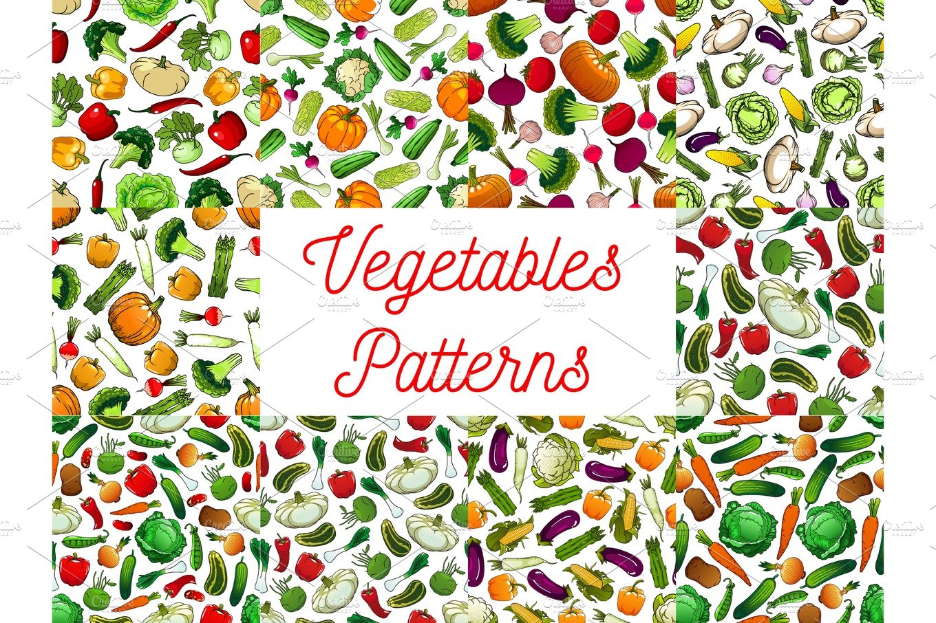 Fresh vegetables seamless pattern set cover image.