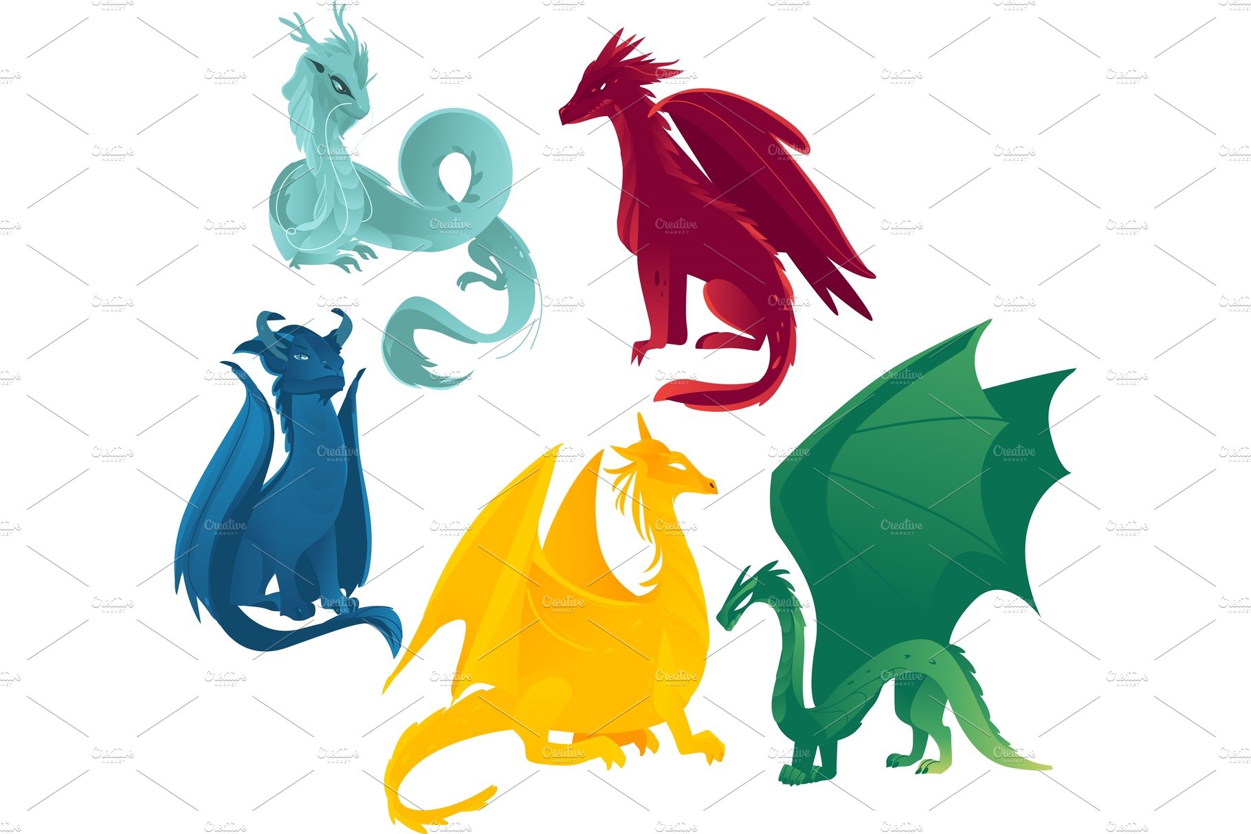 vector flat colored dragons set cover image.