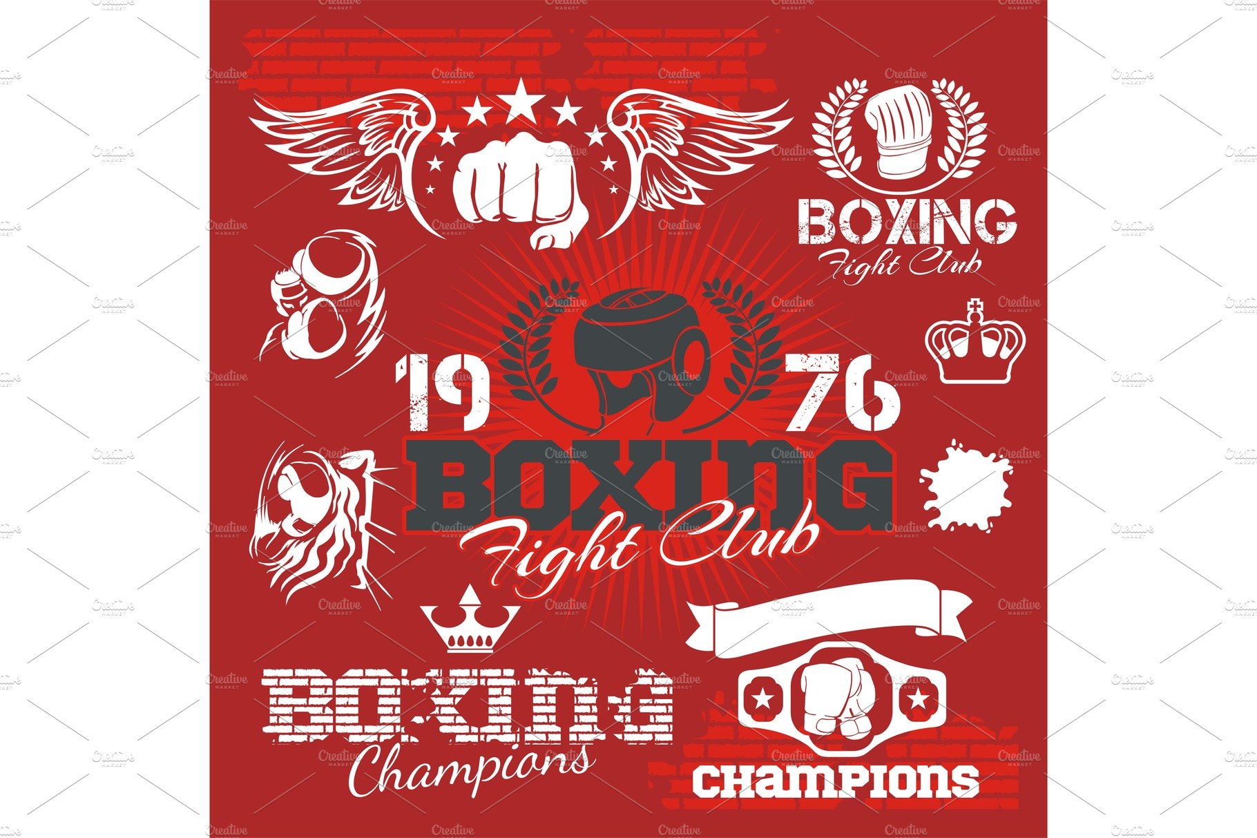 Boxing labels and icons set. Vector cover image.