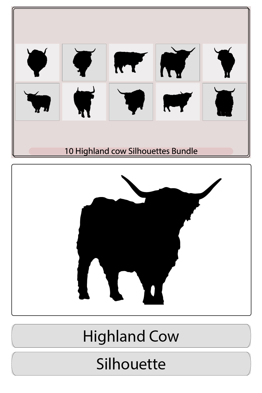 Highland Cow silhouette,Vector Illustrated portrait of Highland cattle,Yak Head Silhouette Scottish Highland Cattle pinterest preview image.