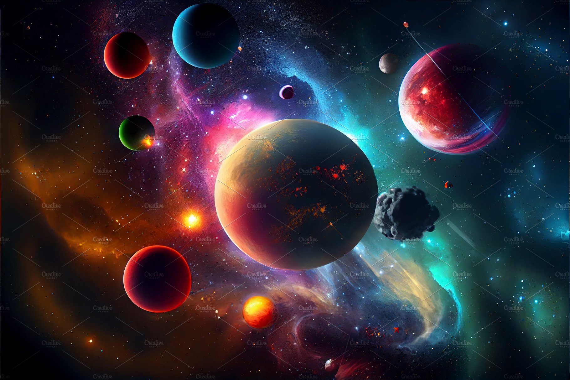 Abstract space background with planets in galaxy and stars cover image.