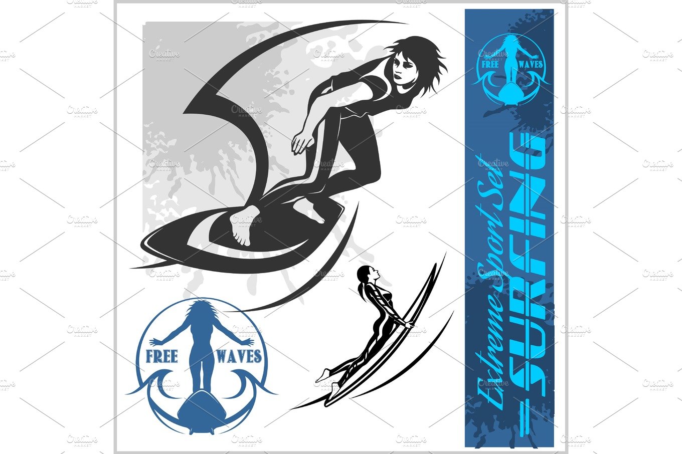 beauty girl surfing - vector set cover image.
