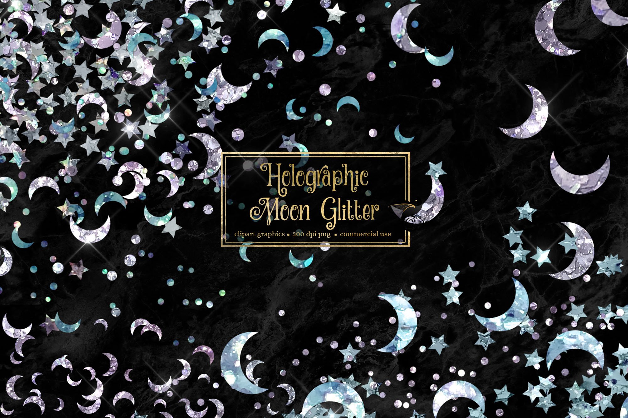 Holographic Moon Glitter Clipart cover image.