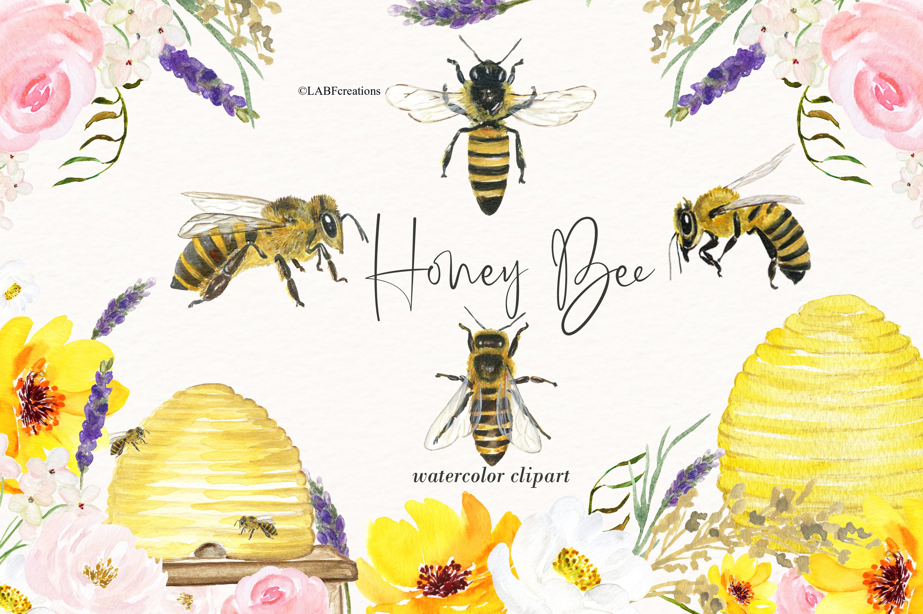 Honey bee, wasp, bumblebee. Watercolor digital paper