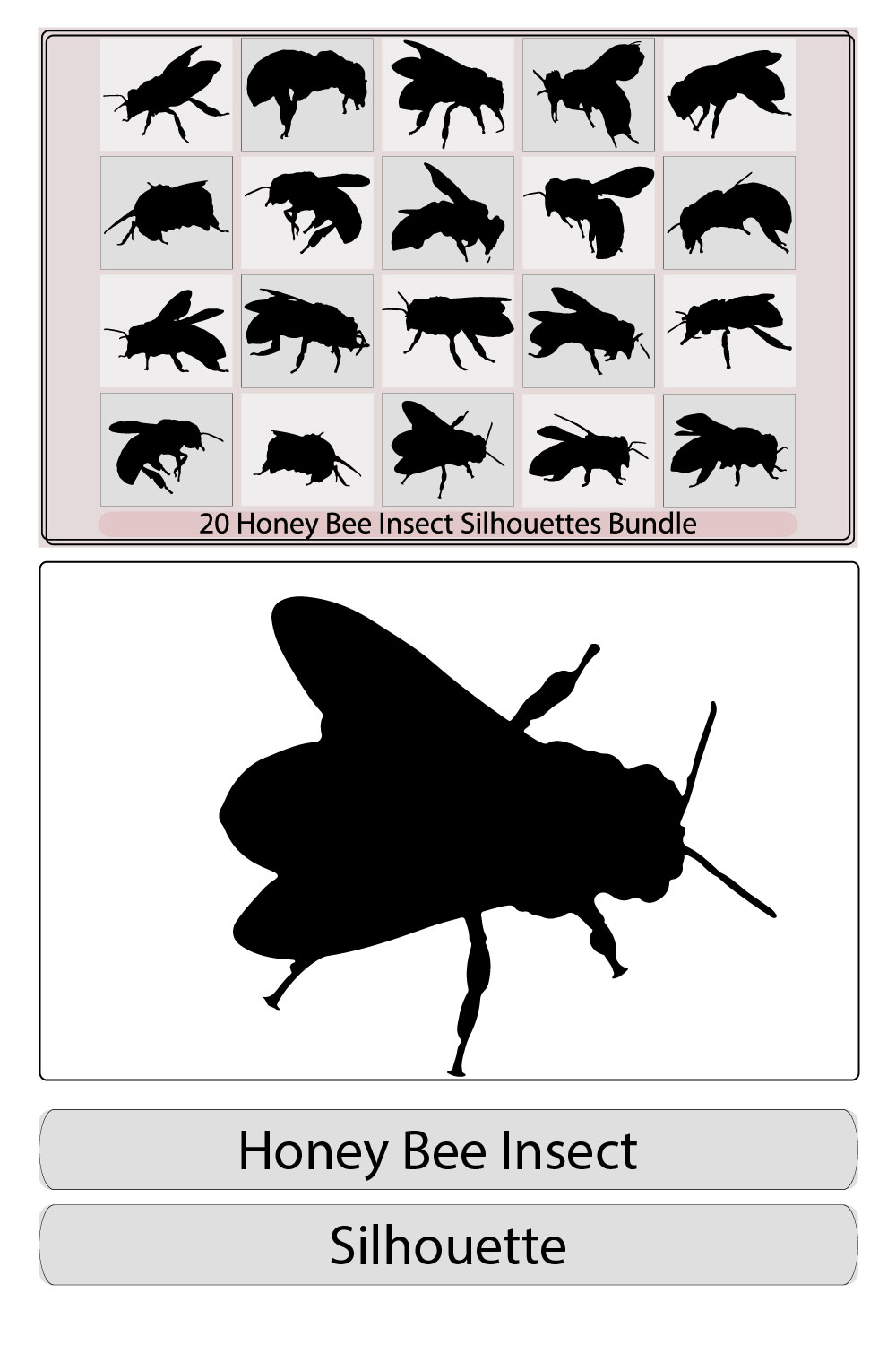 Honeybee silhouettes clipart collection,Bee Icon Bug Logo on White Background Vector,Graphic illustration of silhouette honey bee,bee icon pinterest preview image.