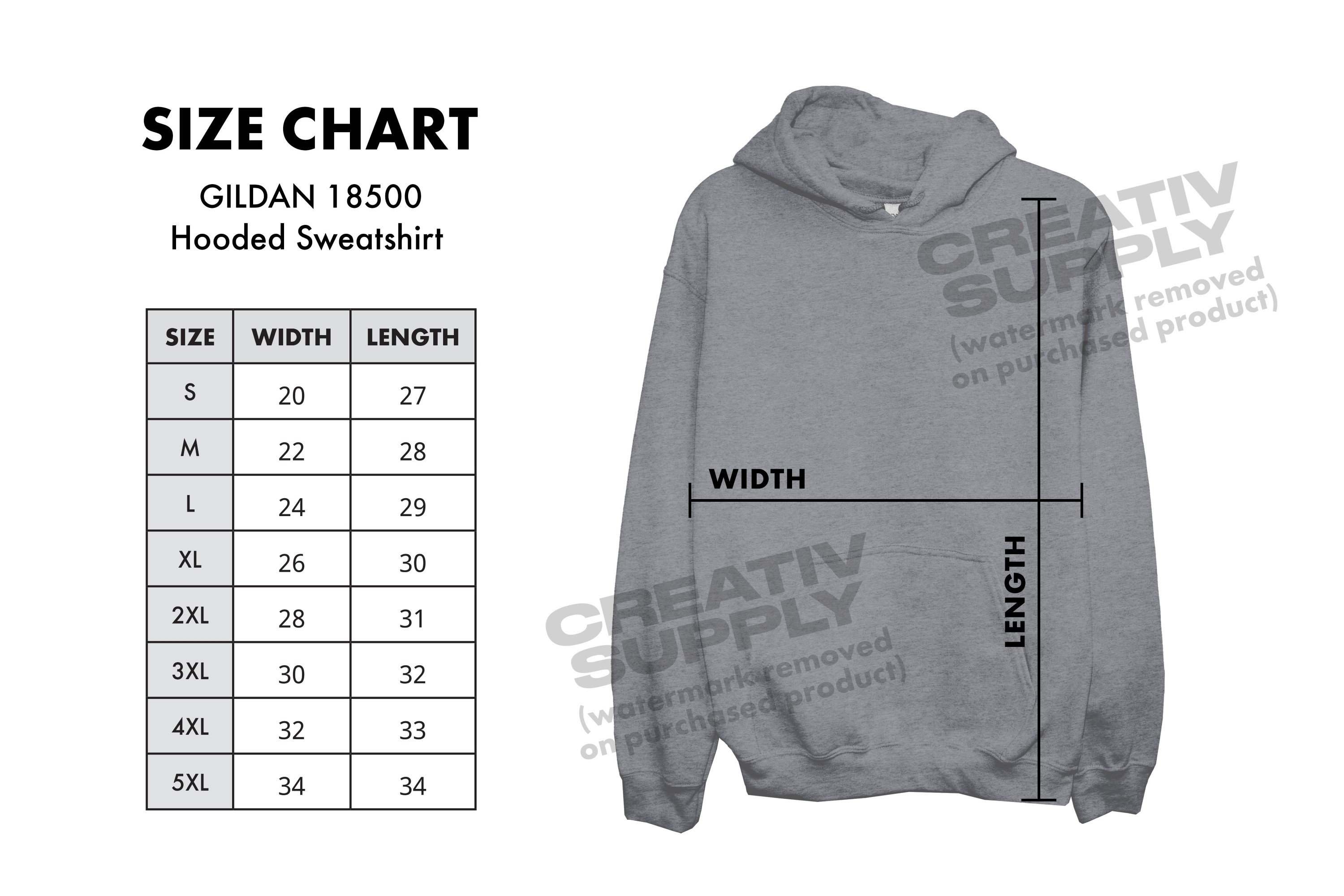 Size Chart for Gildan 18500 Hoodie cover image.