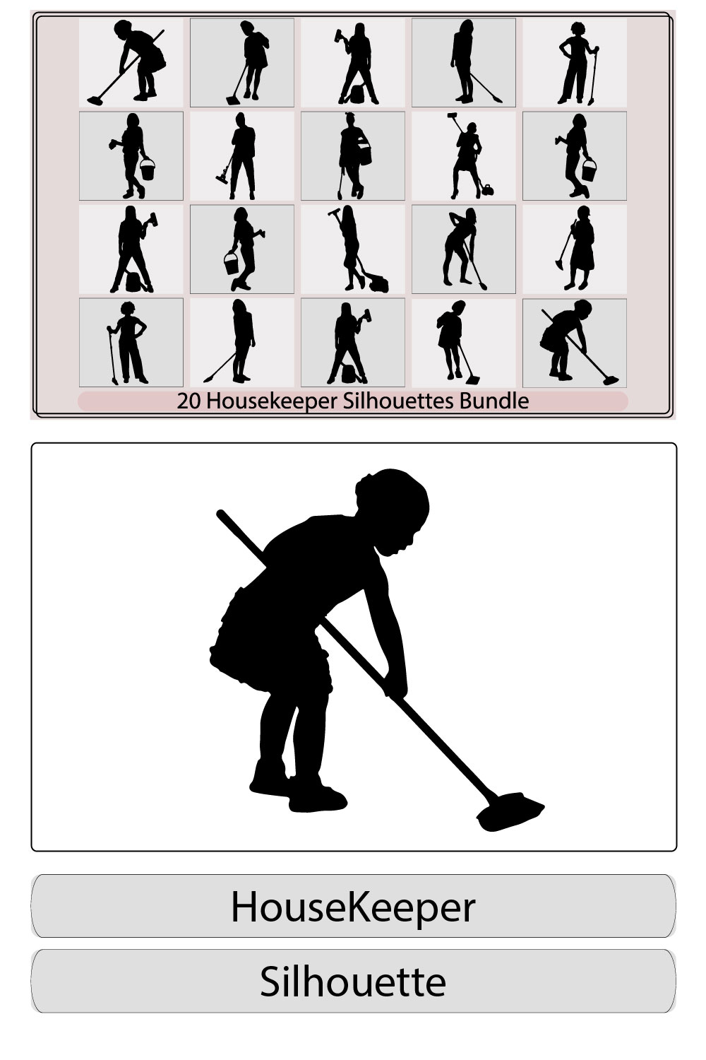 Silhouette of female cleaner,cleaning maid silhouette vector illustration Housemaid,Maid Silhouette, Woman Housekeeper, House Cleaning Service illustration Vector pinterest preview image.