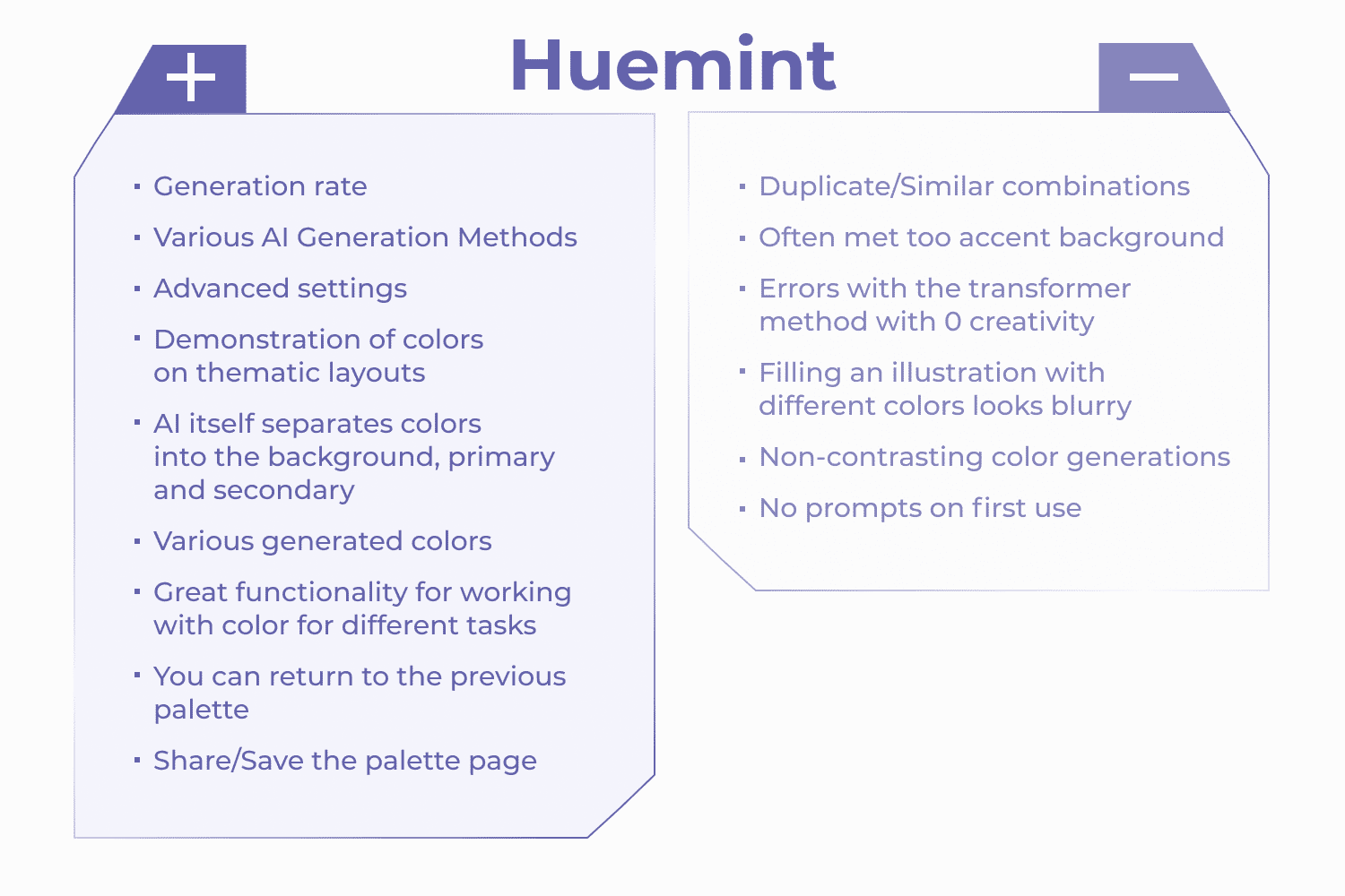 Table with the advantages and disadvantages of Huemint.