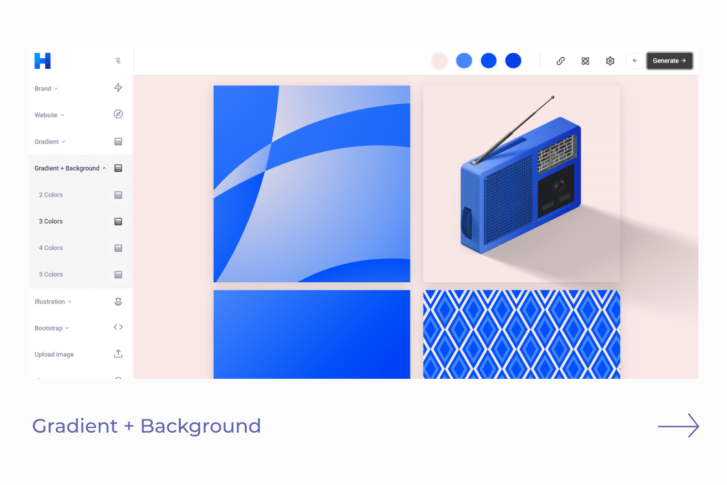 Screenshot of a website with a collage of blue backgrounds and a blue radio.