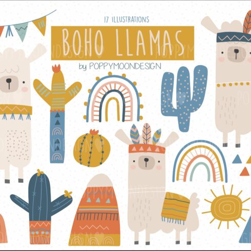 Boho Llama clipart set cover image.