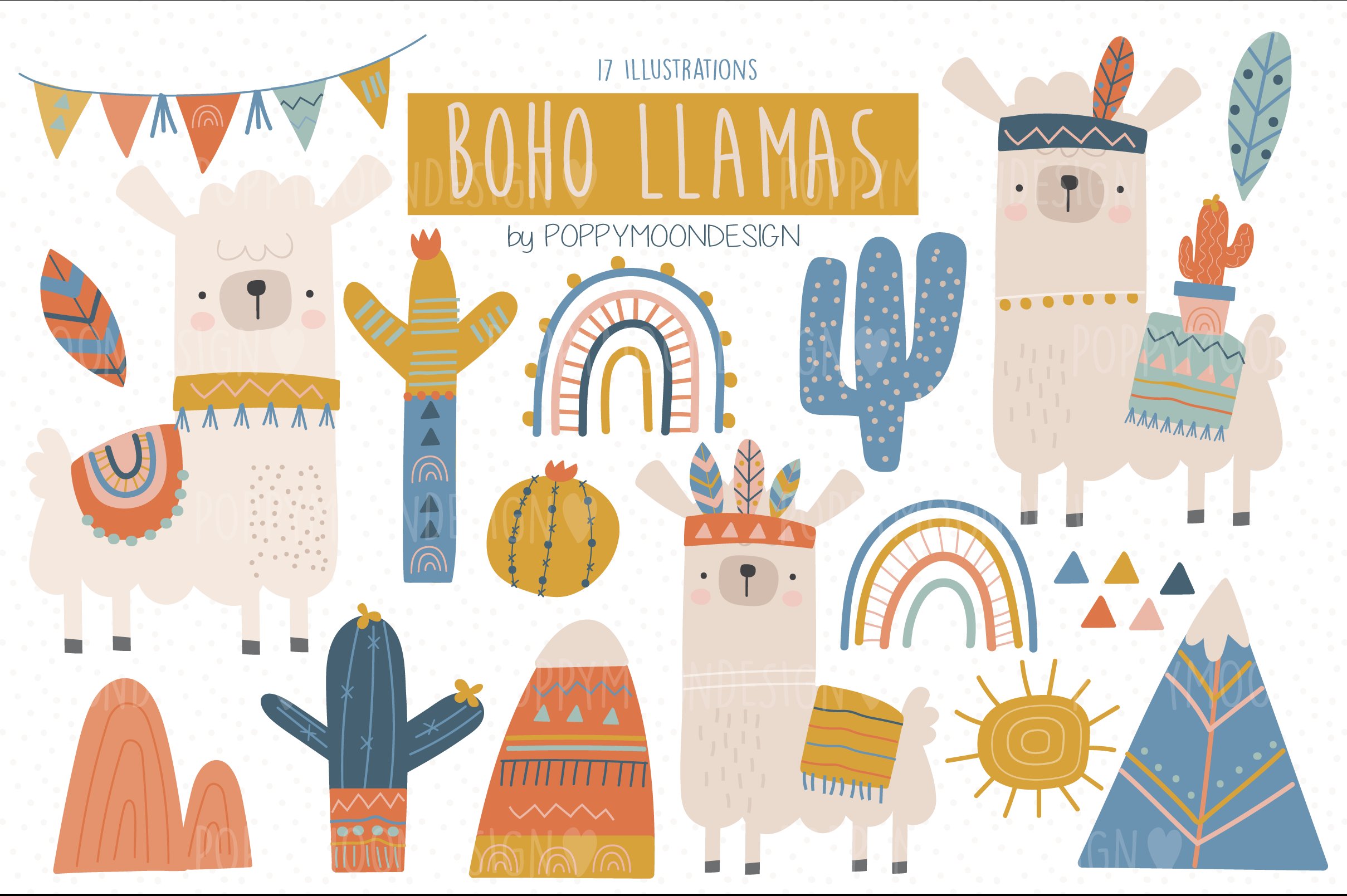 Boho Llama clipart set cover image.