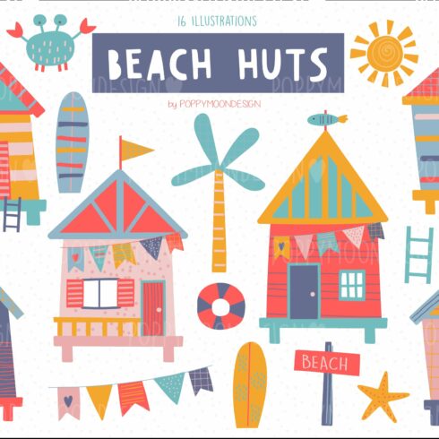 Beach Huts clipart set cover image.
