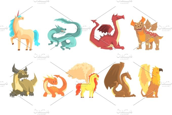 Mythological animals, set for label design. Dragon, unicorn, pegasus, griff... cover image.