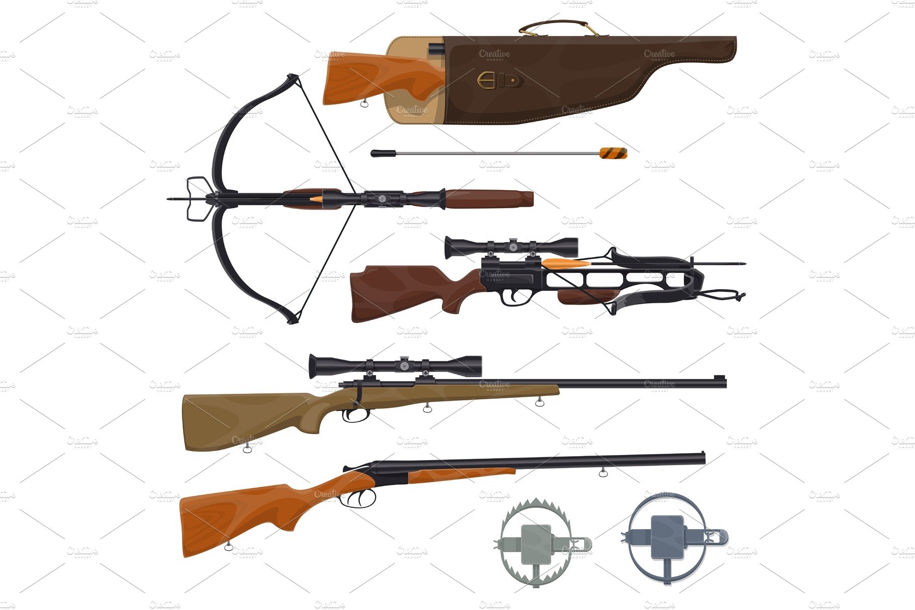 Hunting equipment and gun, vector cover image.