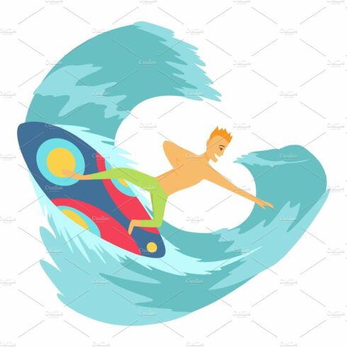 Young man surfboarder riding a cover image.