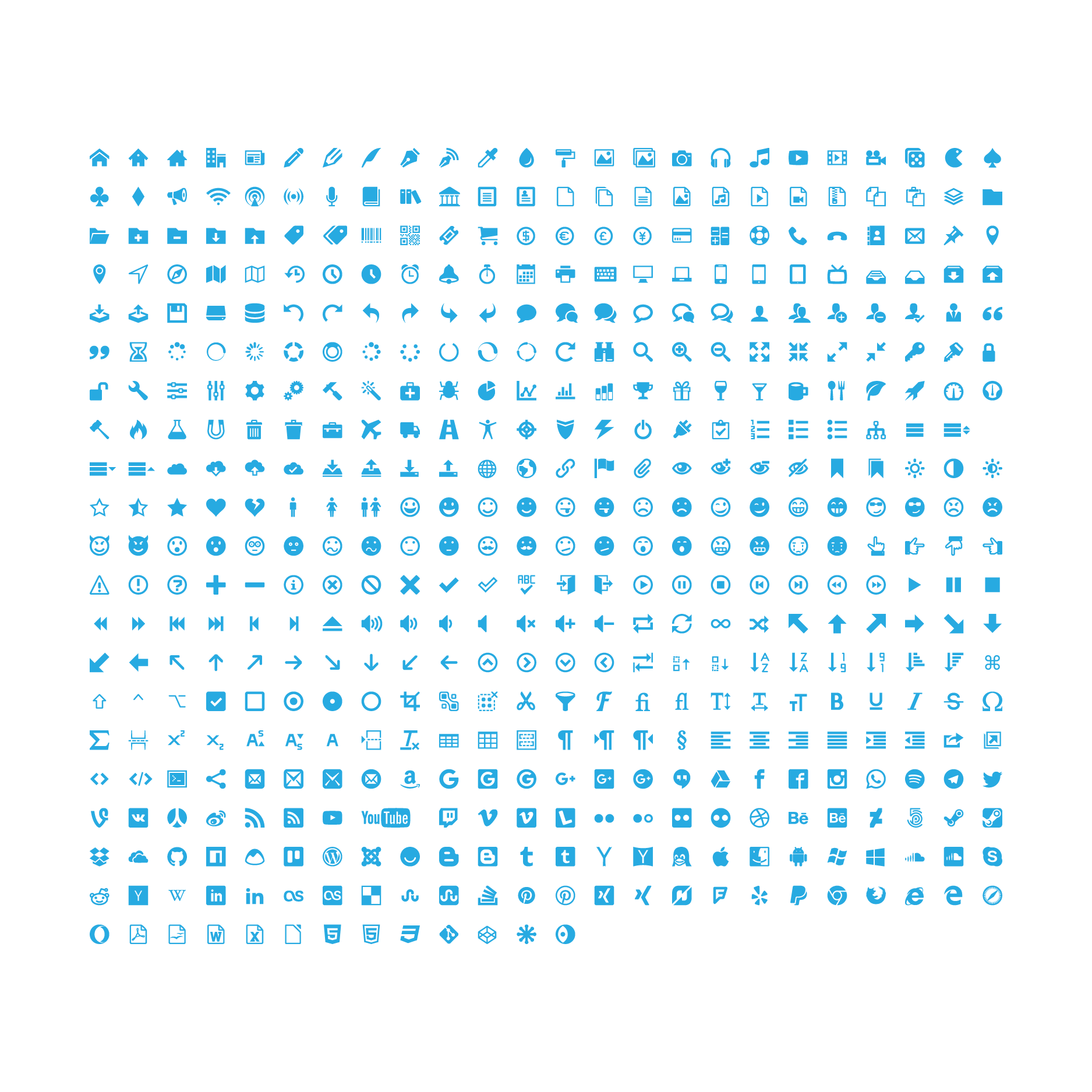 Large set of blue and white icons on a white background.