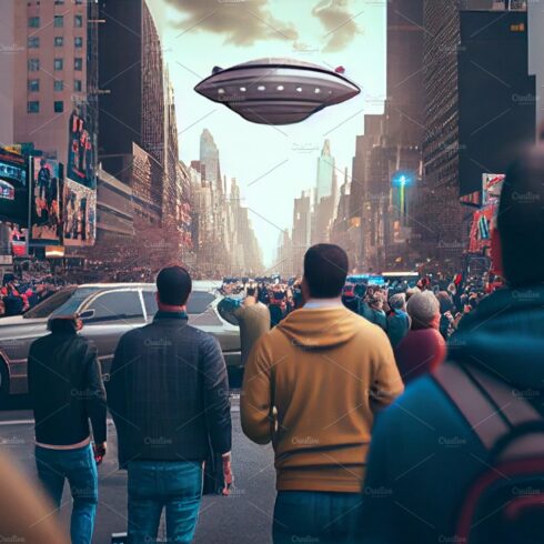 UFO flying over city and crowds of people in panic running away. Spacecraft is cover image.