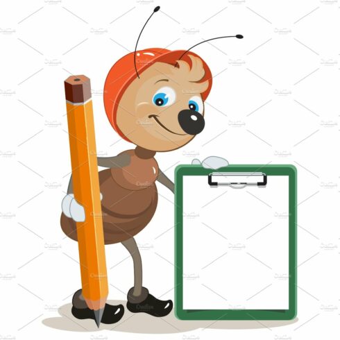 Ant builder holds clipboard and cover image.