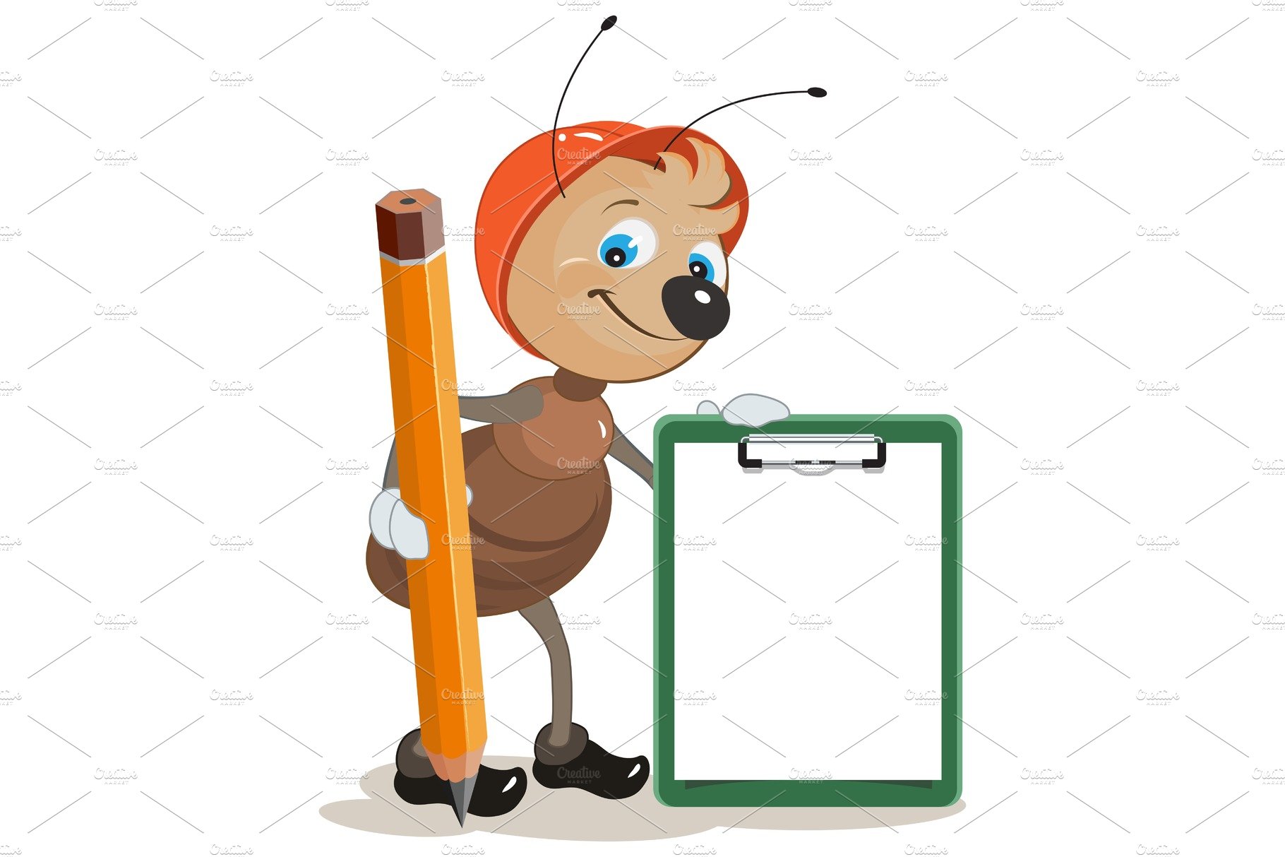 Ant builder holds clipboard and cover image.