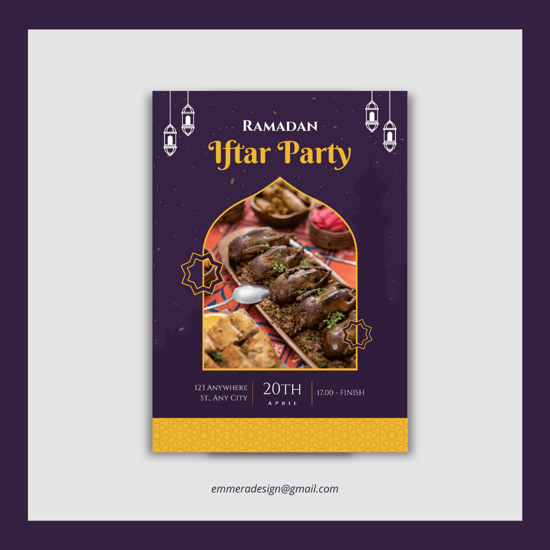 [Design 1] Purple Gold Elegant Ramadan Iftar Party Flyer Canva Template preview image.