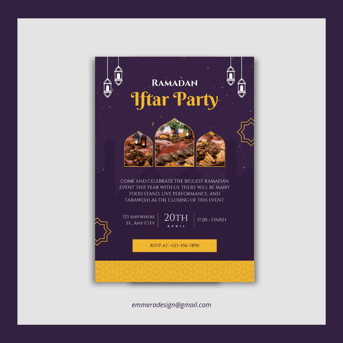 [Design 3] Purple Gold Elegant Ramadan Iftar Party Flyer Canva Template preview image.