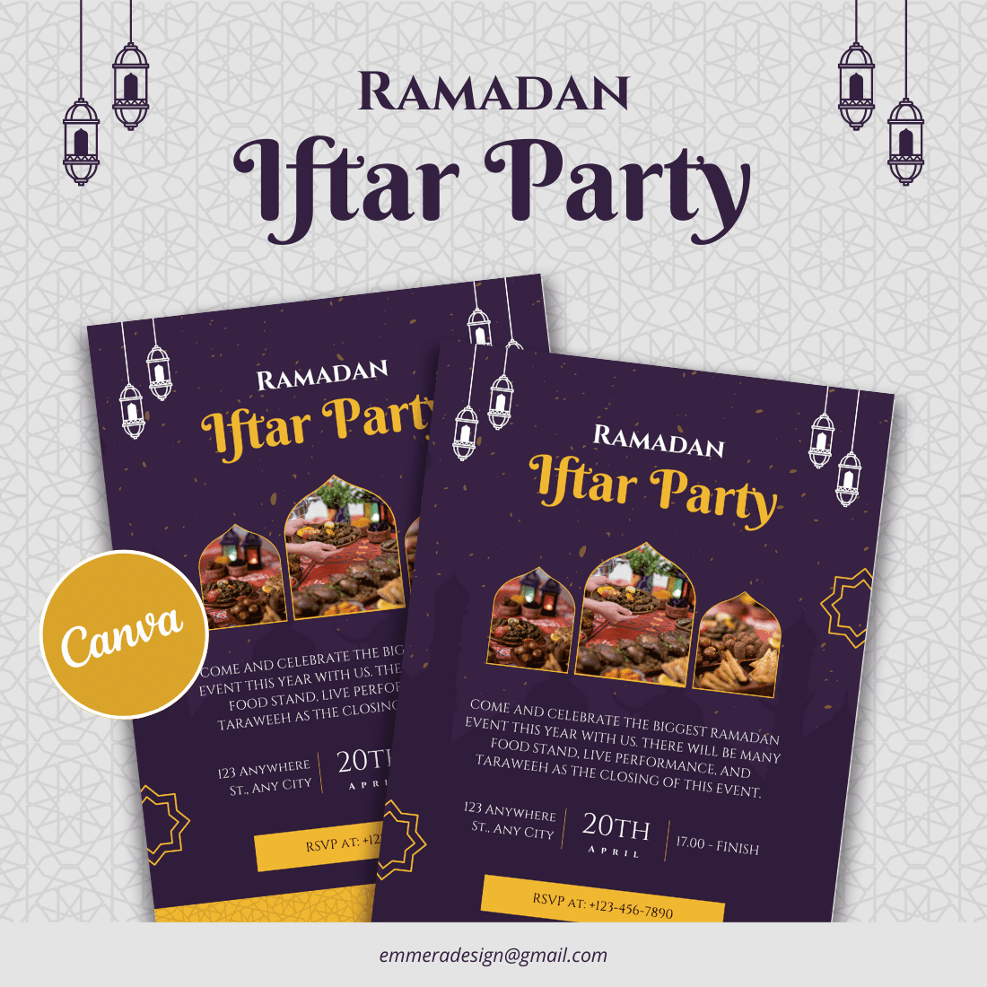 [Design 3] Purple Gold Elegant Ramadan Iftar Party Flyer Canva Template cover image.