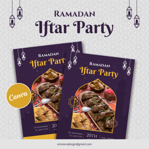 [Design 1] Purple Gold Elegant Ramadan Iftar Party Flyer Canva Template cover image.