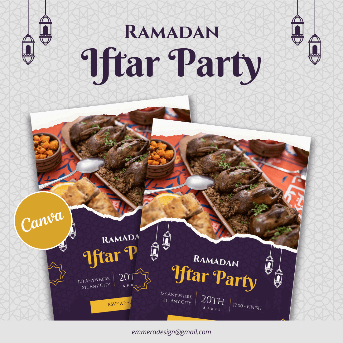 [Design 2] Purple Gold Elegant Ramadan Iftar Party Flyer Canva Template cover image.